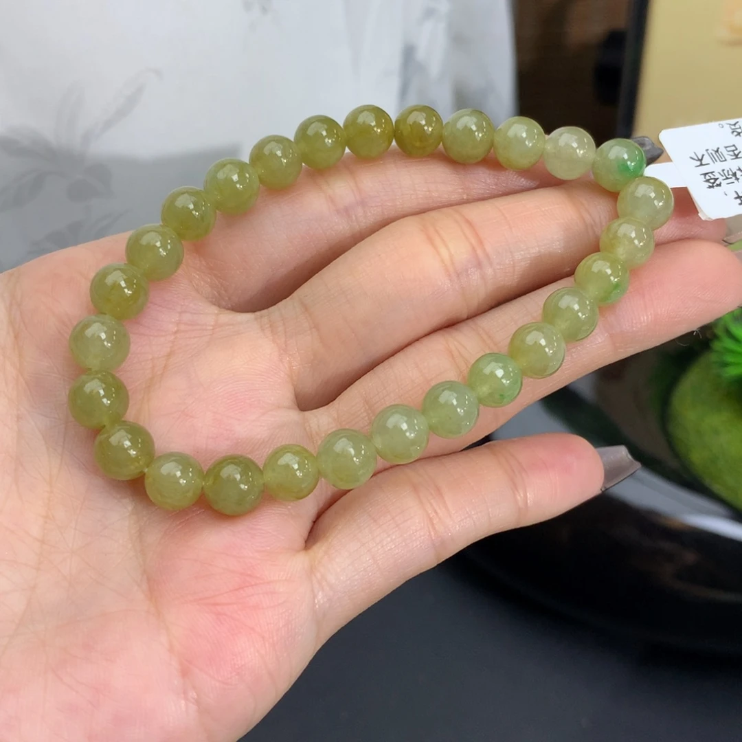 翡翠手链未镶嵌卡7胶润黄翡手串
