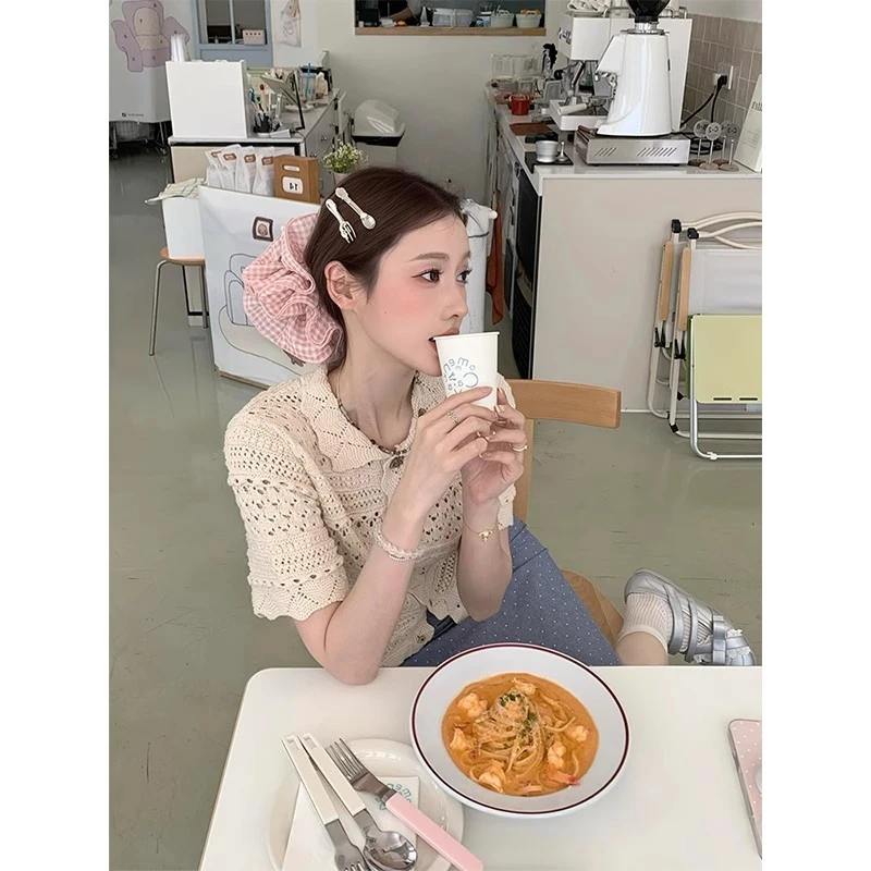 古着感重工镂空重工手工钩花翻领针织衫女杏色修身百搭短袖开衫