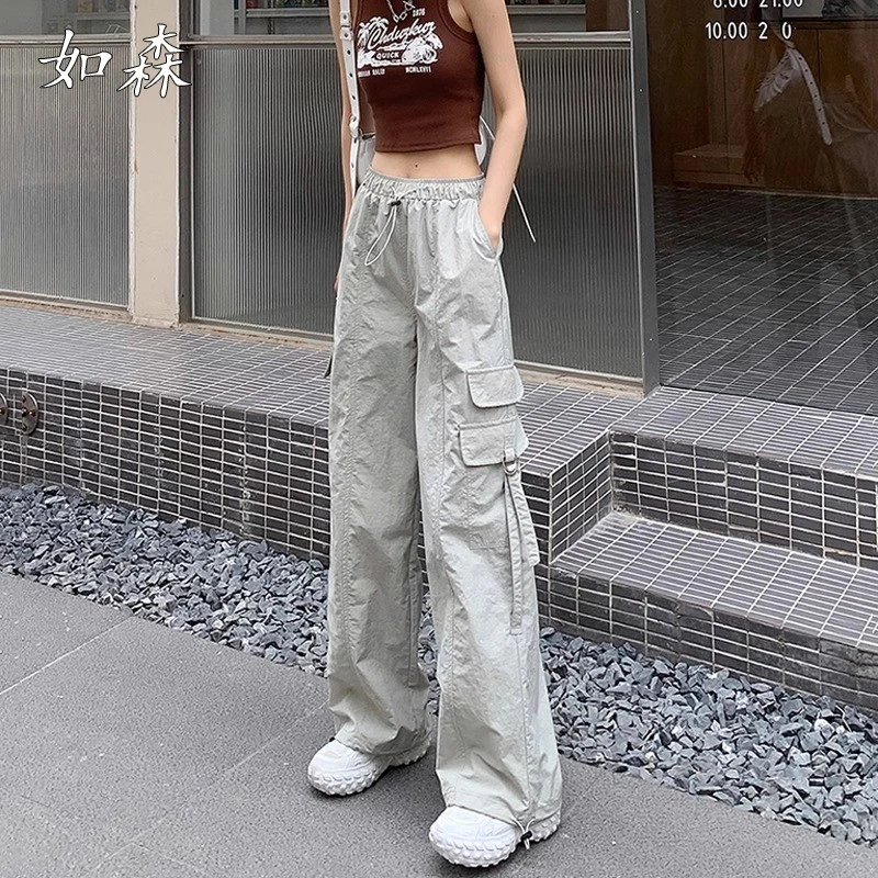 美式速干工装裤女夏季薄款高腰垂感阔腿裤休闲宽松束脚登山运动裤