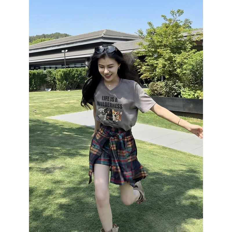 张阿星【 旷野人生】百搭印花t恤+美式高街ins格纹裙裤  W424A05214