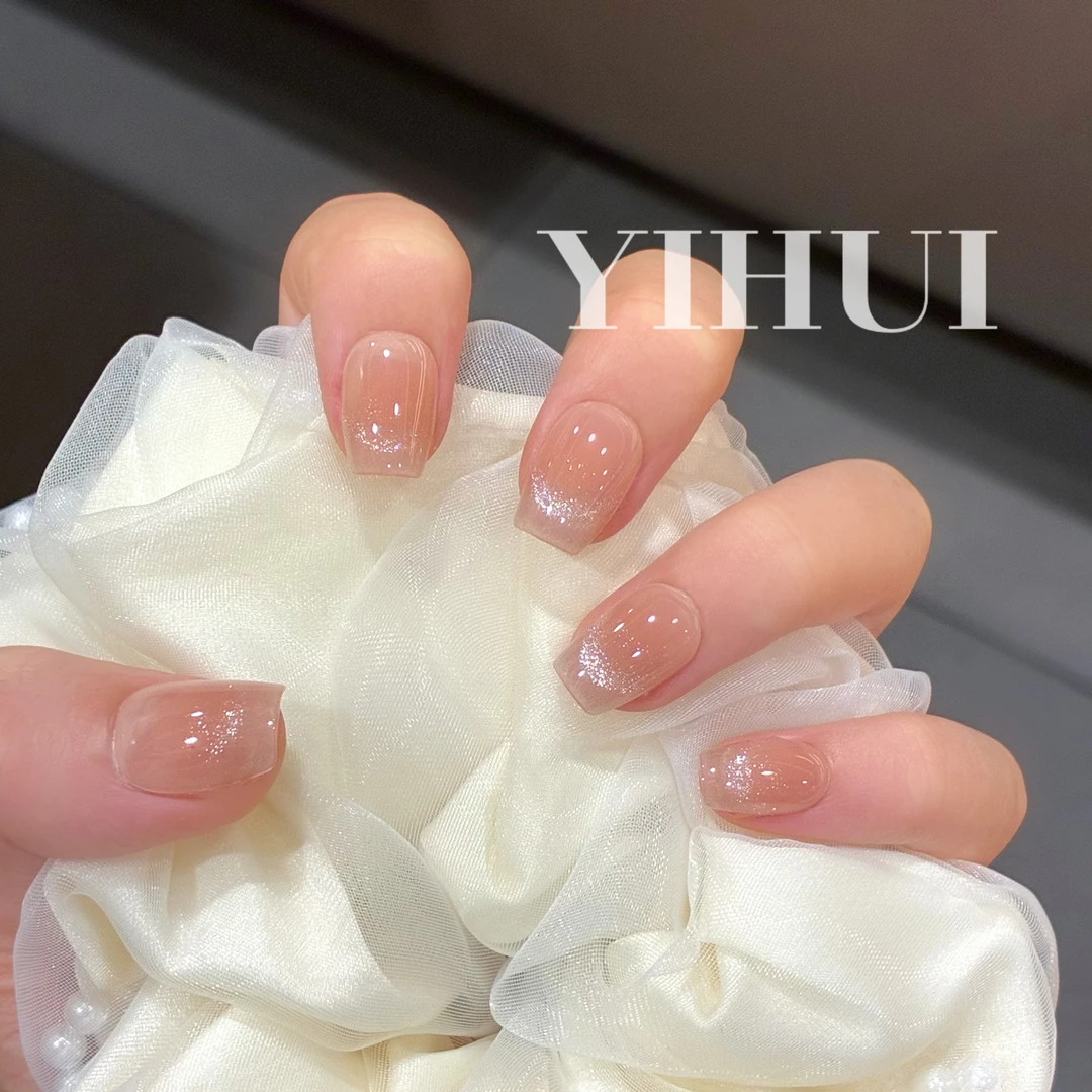 （白茶）逸绘法式猫眼冰透感手工手绘穿戴甲短款手工穿戴甲猫眼