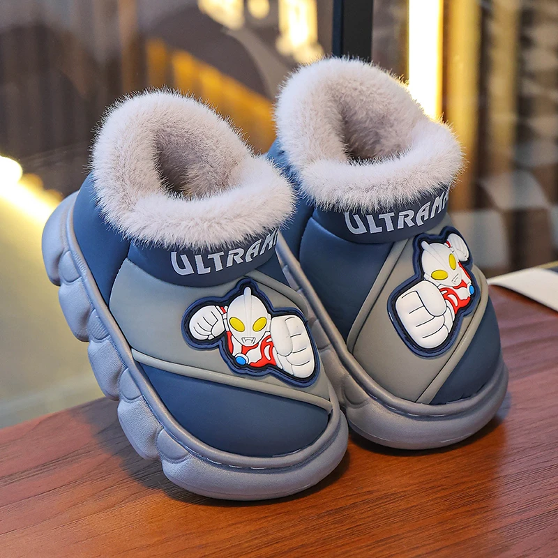 儿童棉拖鞋软底加绒加厚保暖pu皮防水卡通太空男女宝宝鞋