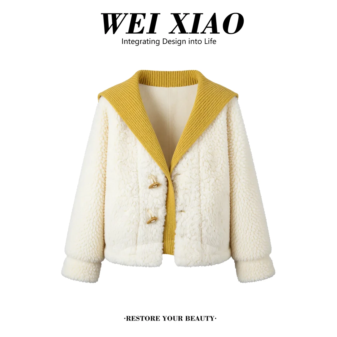 韩系气质小个子海军领毛毛外套2025秋冬新款时尚百搭加厚上衣女