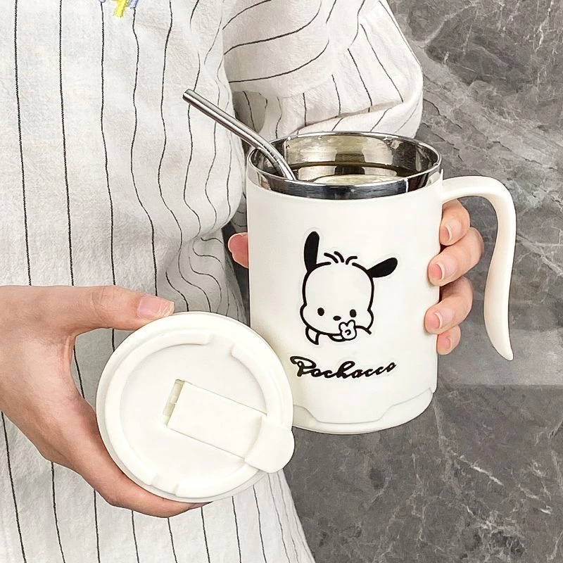 正品304帕恰狗双层隔热马克杯带盖学生水杯高颜值咖啡杯带吸管