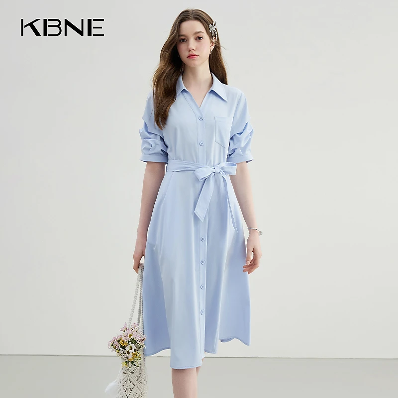 KBNE连衣裙2025新款爆款外出洋气裙子夏季收腰蓝色衬衫连衣裙女
