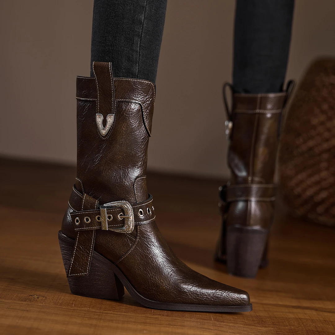 2025秋冬新款切尔西靴性感尖头气质高跟中筒单靴真皮西部靴骑士靴