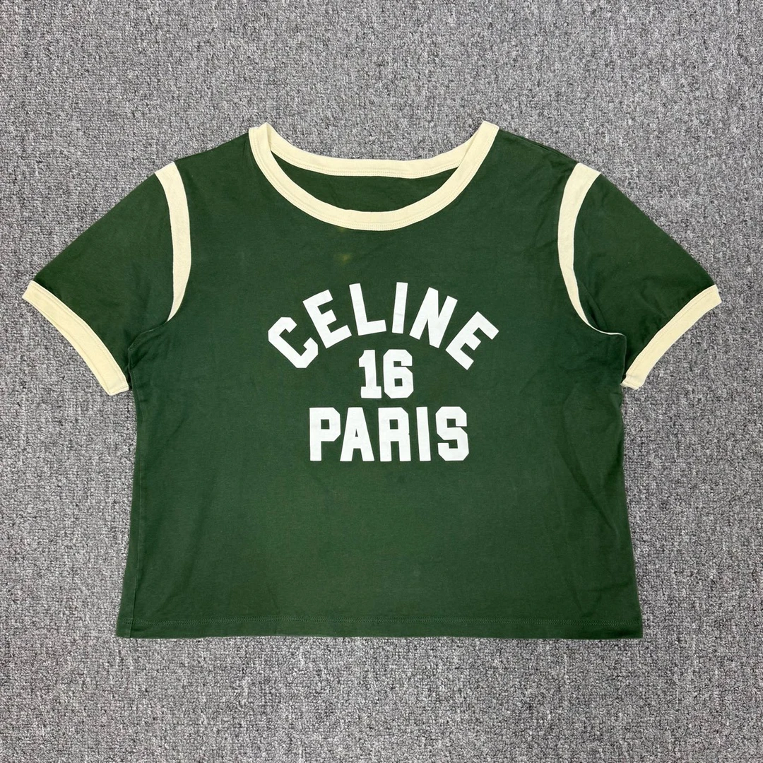 95新 Celine/思琳 12828085 nz Celine赛琳 绿色字母logo短袖 M码
