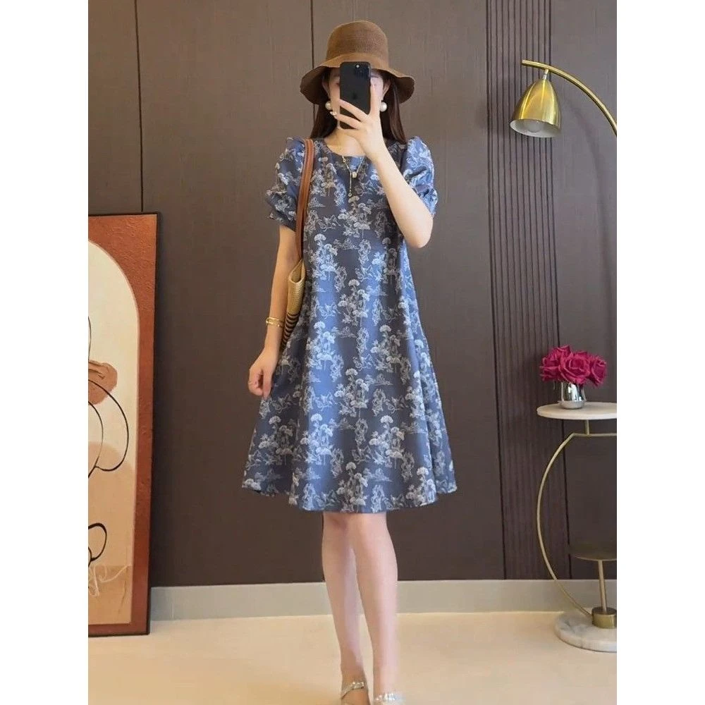 哥弟阿玛施正品衣服女简单大方的新中式国风气质收腰蓝色泡泡袖印