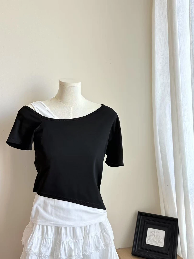 BELE ZHANG【心动至上】夏季新款显瘦撞色拼接短袖-1116