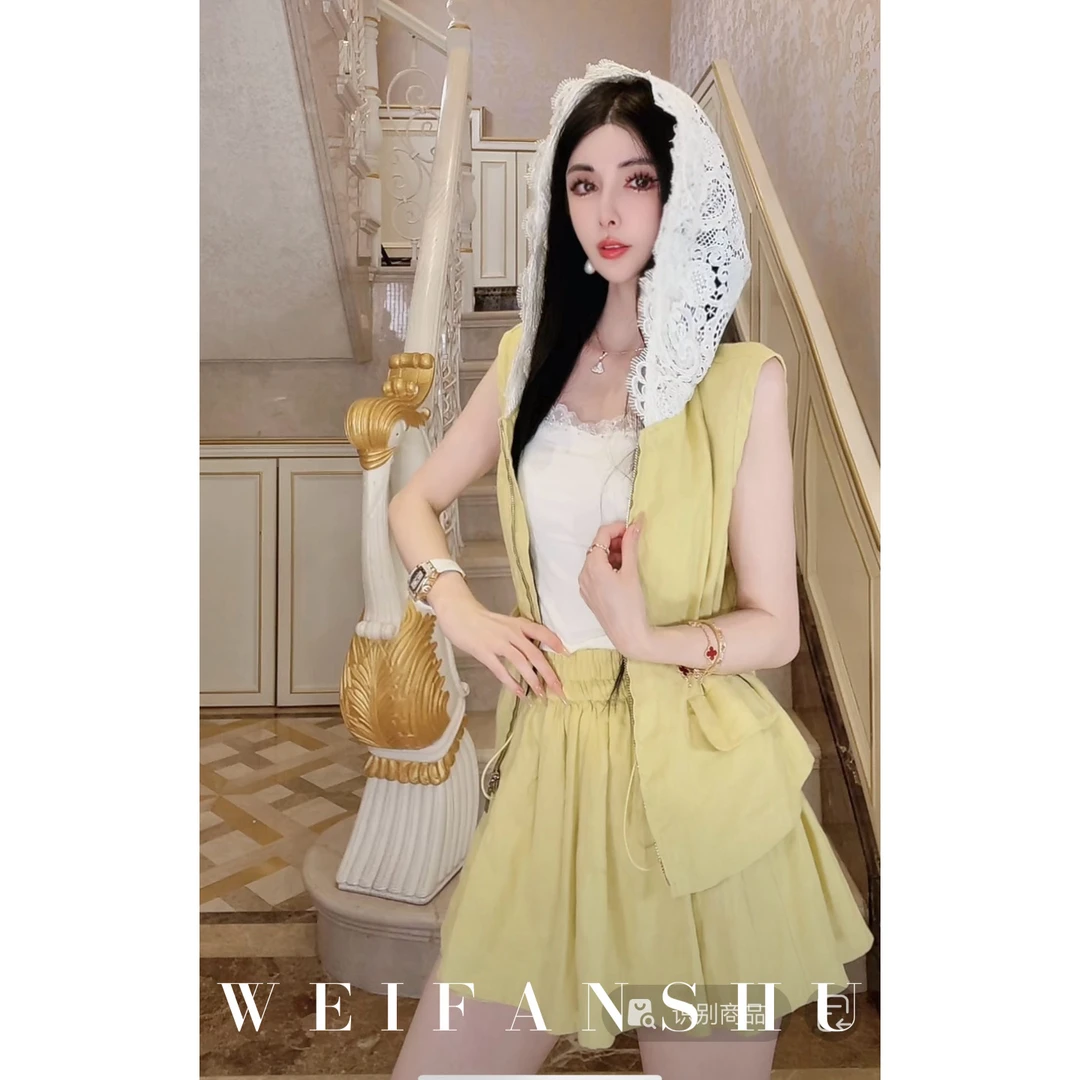 WEIFANSHU/魏凡舒 【惬意氛围】春夏新款蕾丝连帽亚麻套装上衣&半裙