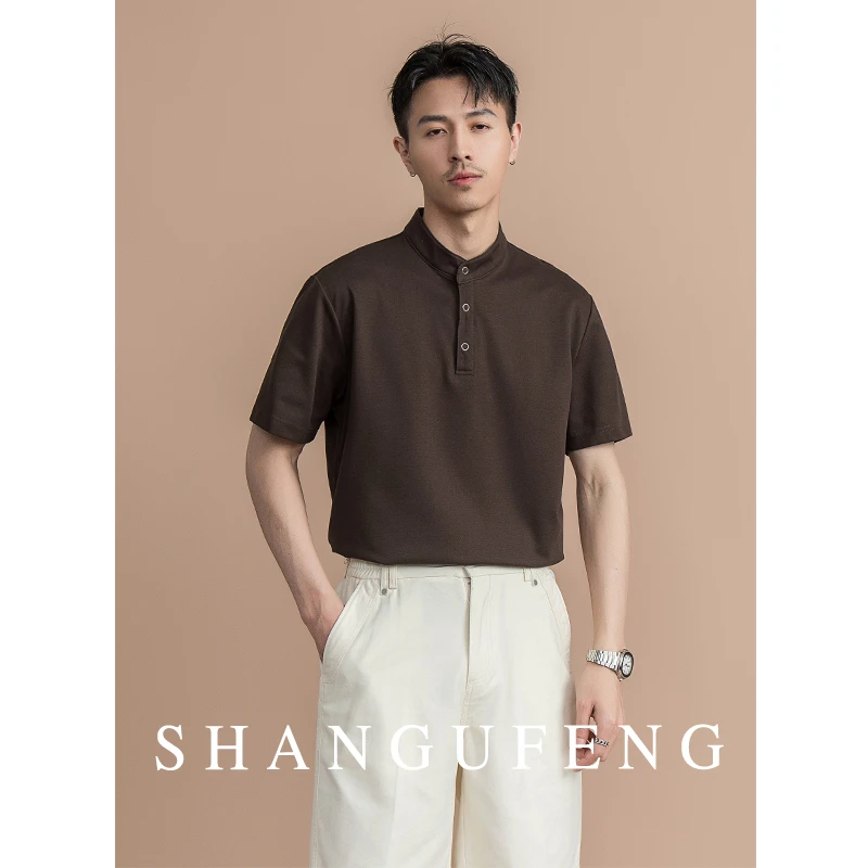 SHANGUFENG夏季澳棉亨利领短袖T恤男士日常舒适凉感半袖体恤上衣
