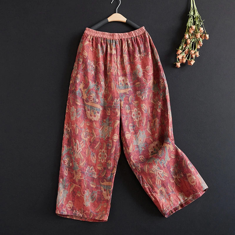 民族风复古棉麻印花阔腿裤女夏季薄款松紧腰休闲裤显瘦亚麻九分裤