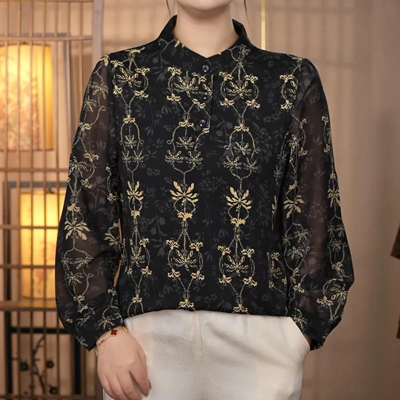 【223 黑金衬衫】女士薄款常规提花极简风中老年女装衬衫显瘦打底衫