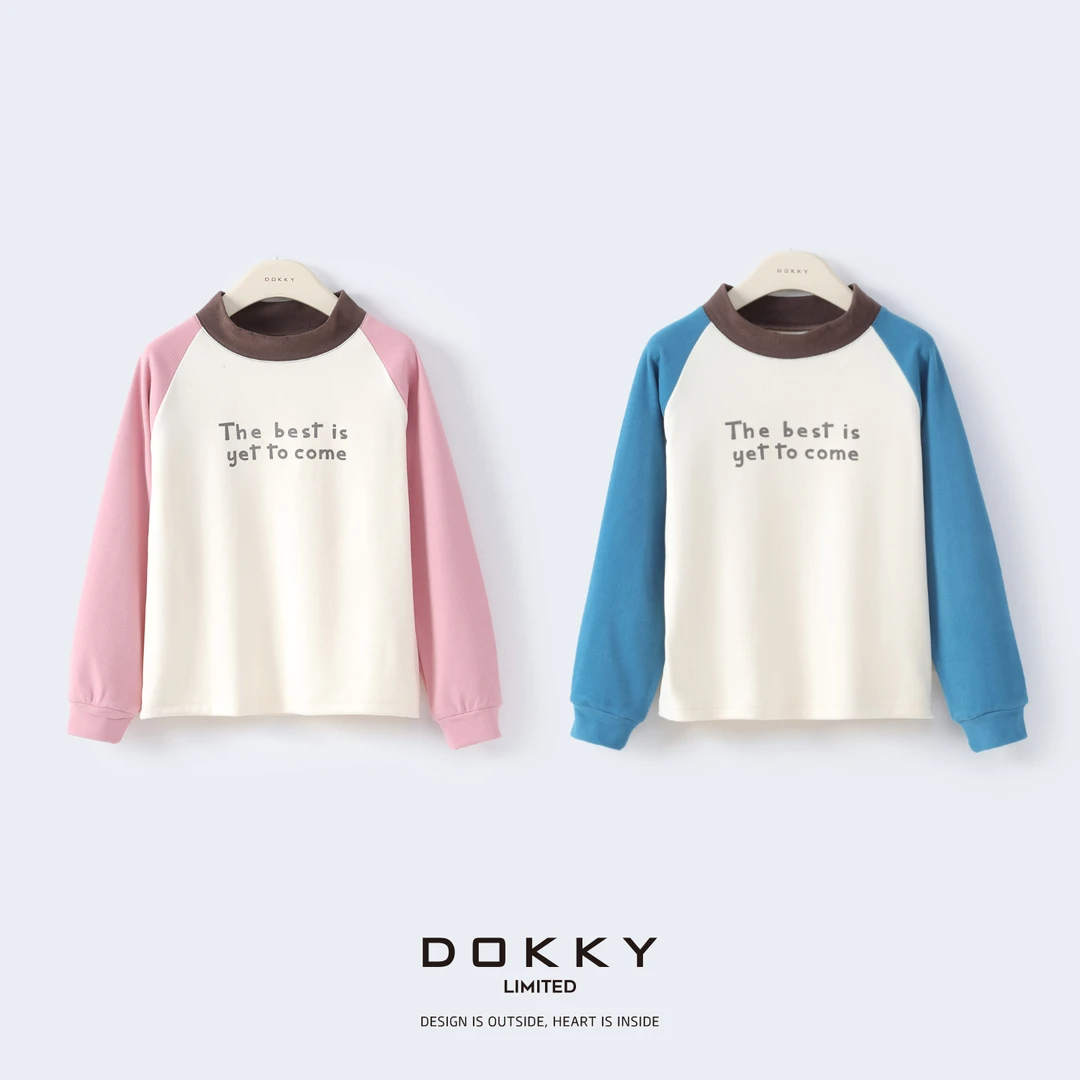 【童装-未来可期】DOKKY亲肤德绒拼色字母印花男女童插肩袖打底衫