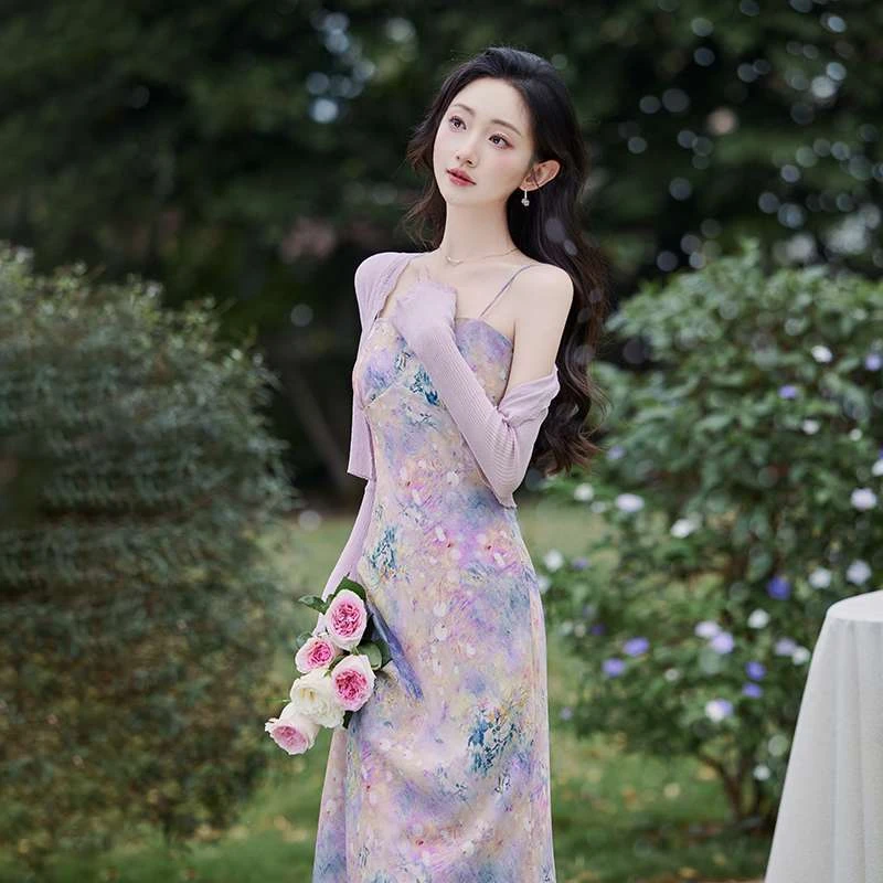 心誉糖夏日多巴胺整套紫色套装法式甜美吊带连衣裙碎花长裙度假风