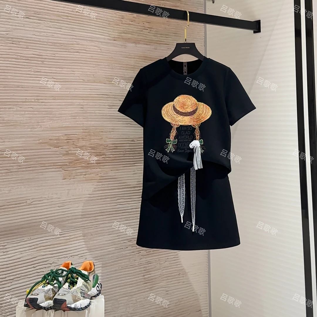 【宠粉价】水钻蝴蝶结重工宽松版短袖套装裙两件套连衣裙JC-A3431