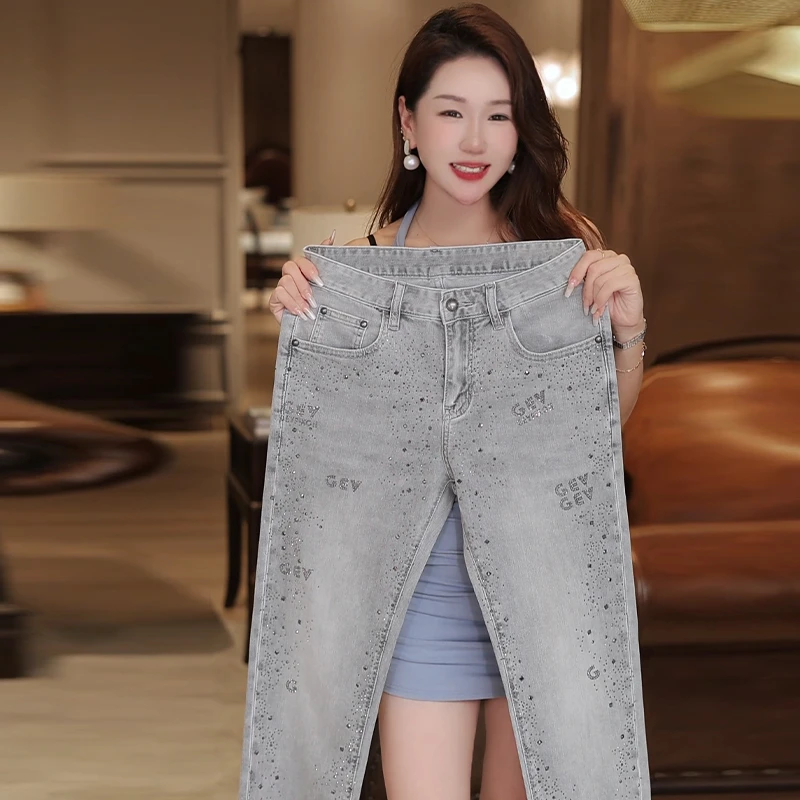 2025夏季新款满钻薄款男士牛仔裤高级灰时尚百搭修身弹力裤子爆款