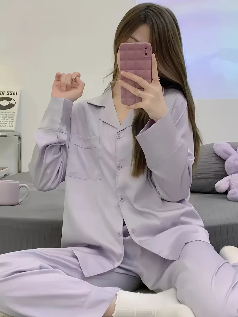 高级感纯色系睡衣女长袖冰丝绸四季长袖长裤家居服套装