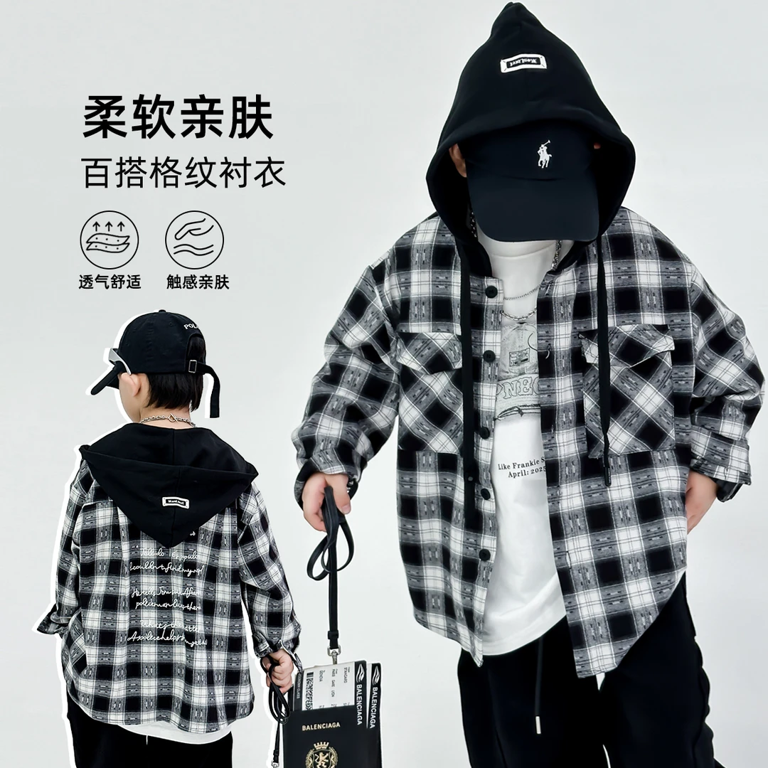 【130-180】男童秋季新款时尚连帽格子衬衫外套&KN25A25连帽格子