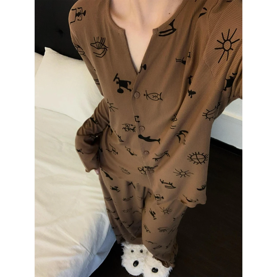 韩版甜美少女趣味卡通印花莫代尔棉睡衣女春秋款舒适家居服套装秋