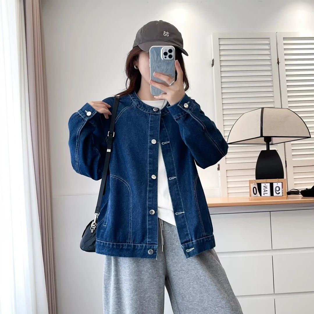 大码宽松蓝色外套女韩版慵懒风秋季新款胖mm减龄明线无领牛仔上衣