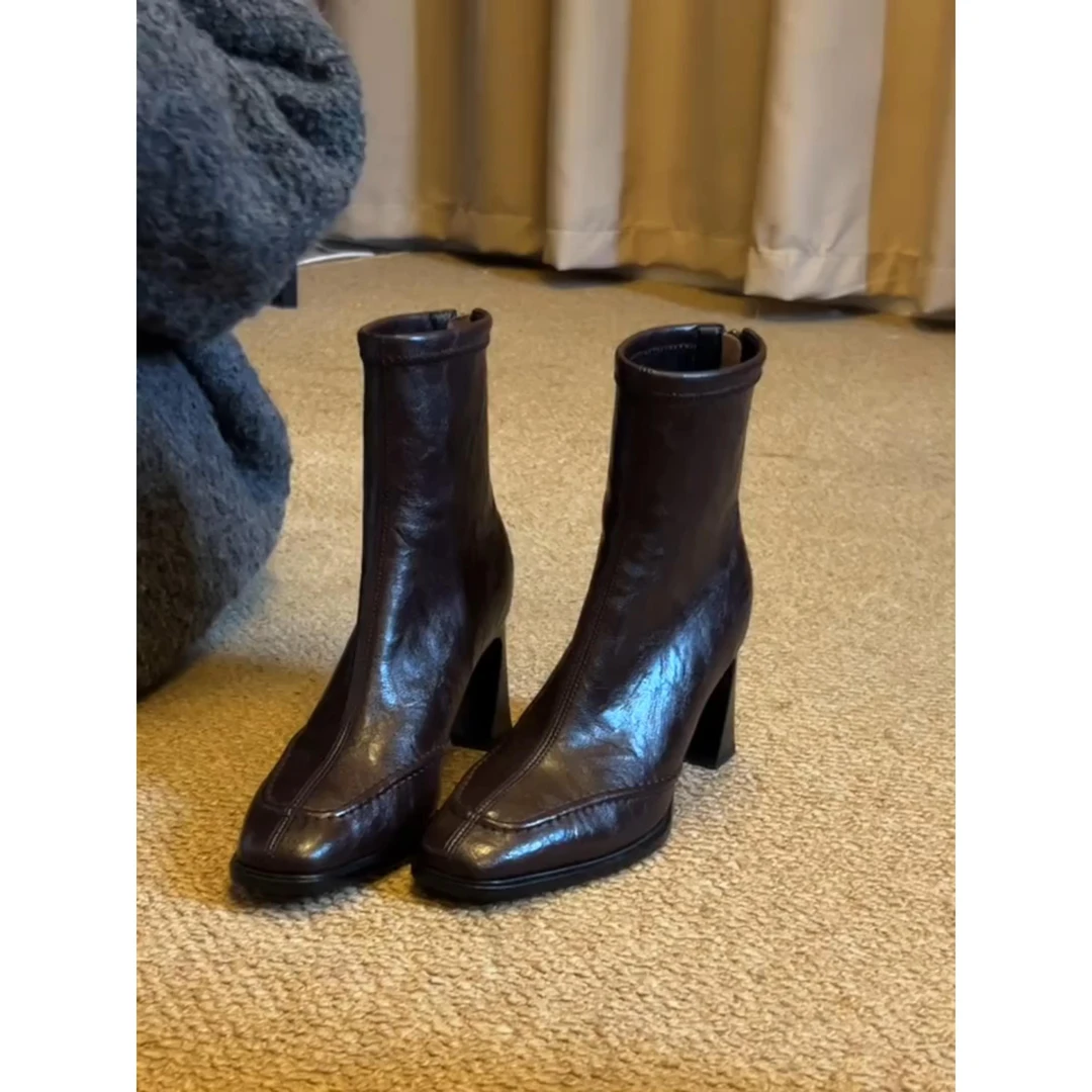 韩版高跟方头瘦瘦靴软皮短靴女粗跟复古马丁靴英伦风弹力短筒单靴