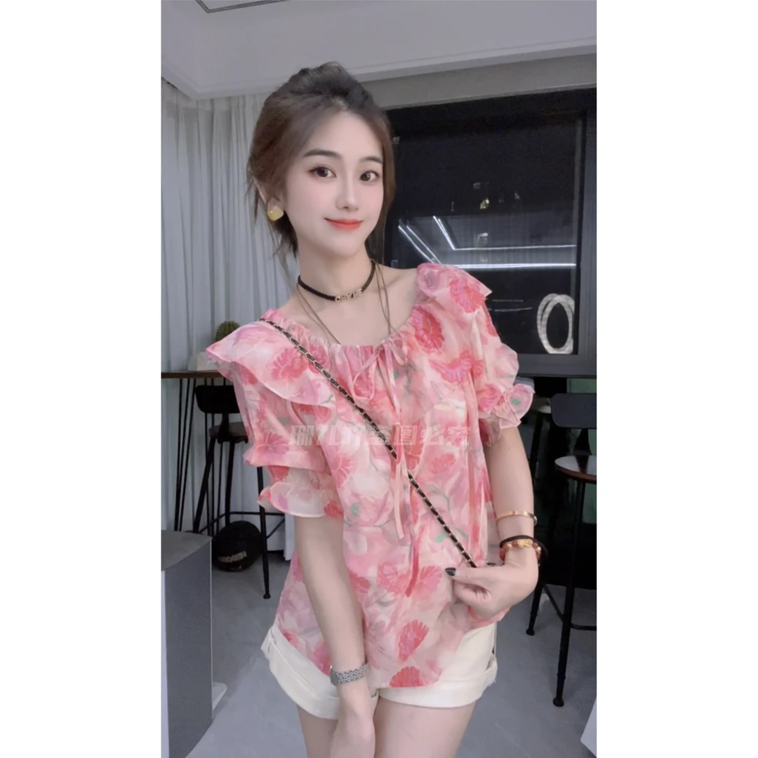 2025夏季新款时尚气质韩版百搭显瘦碎花衬衫女设计感小众荷叶上衣