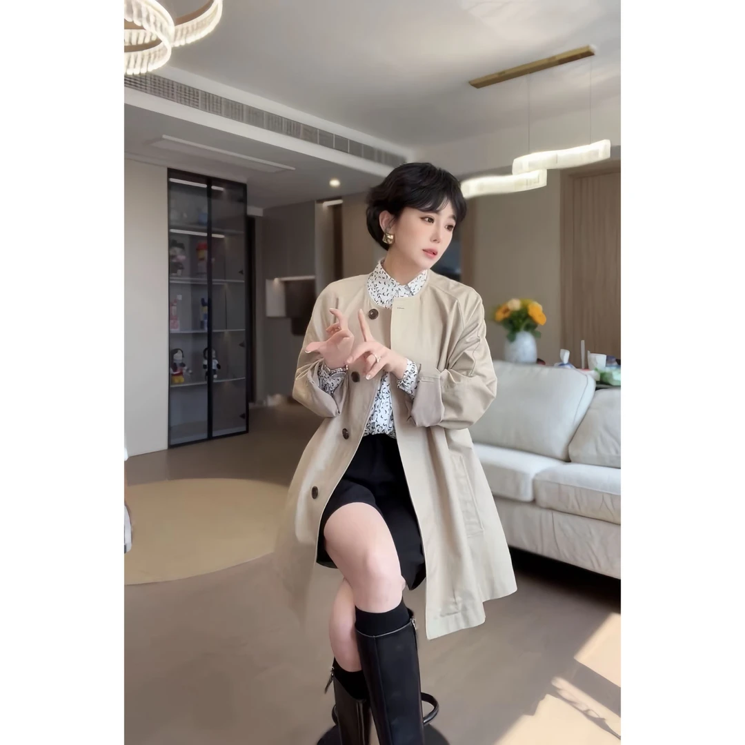 早秋极简中长款风衣收腰圆领百搭通勤外套女0815