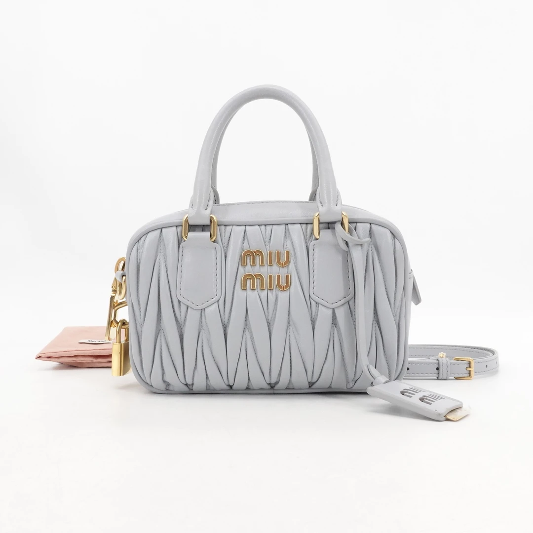 95新 MIU MIU/缪缪 褶皱保龄球小号蓝色金扣羊皮芯片款63307003