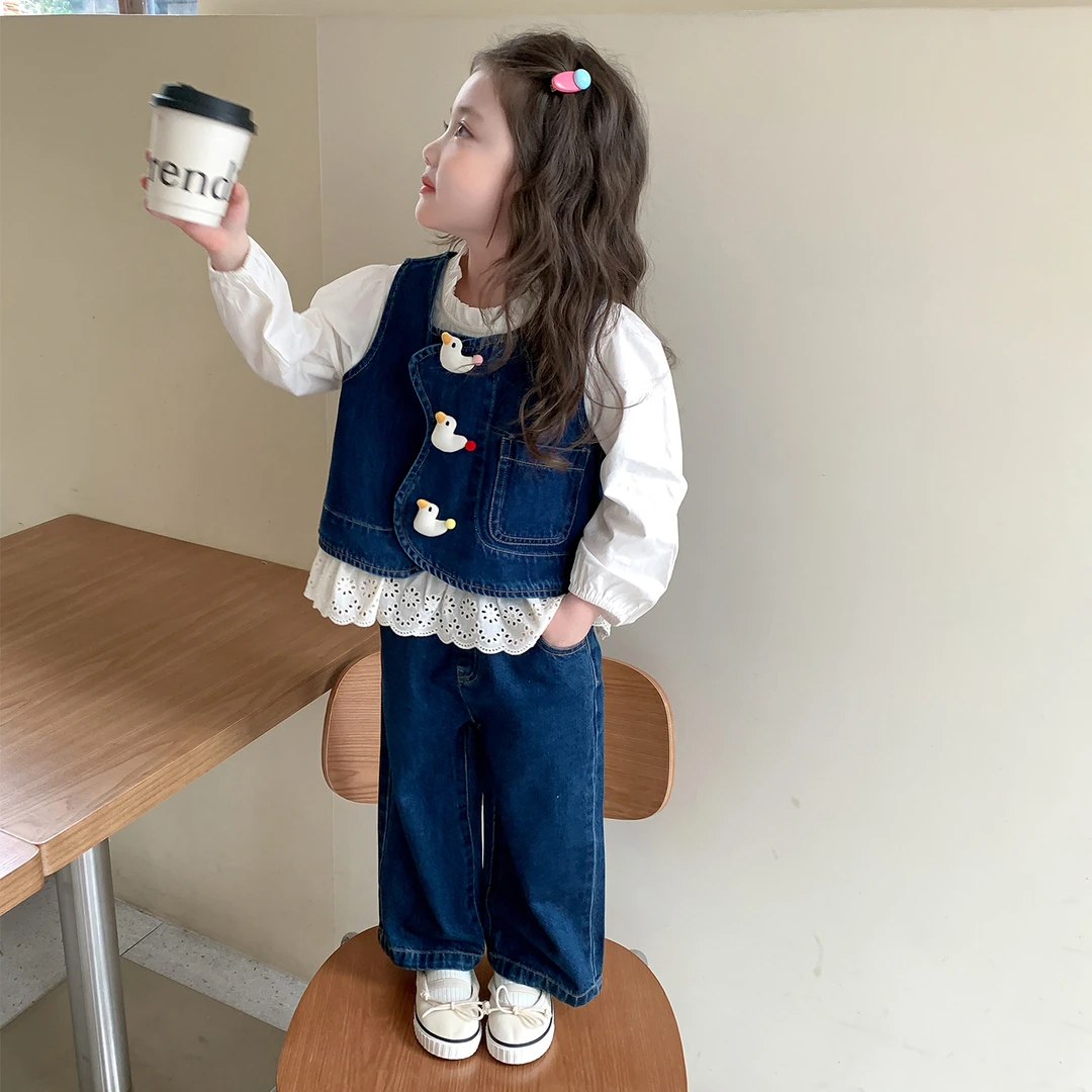 女童洋气套装时髦春秋款女宝宝牛仔马甲阔腿裤甜美三件套儿童秋装