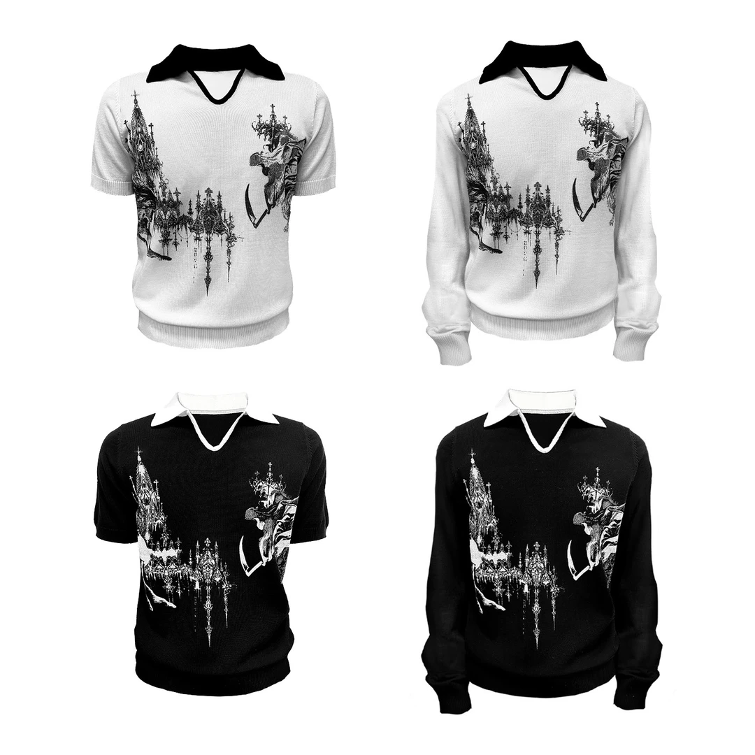 WANNA LAB 25SS死神镰刀宫廷印花正肩V领Polo毛衣针织短长袖男女T