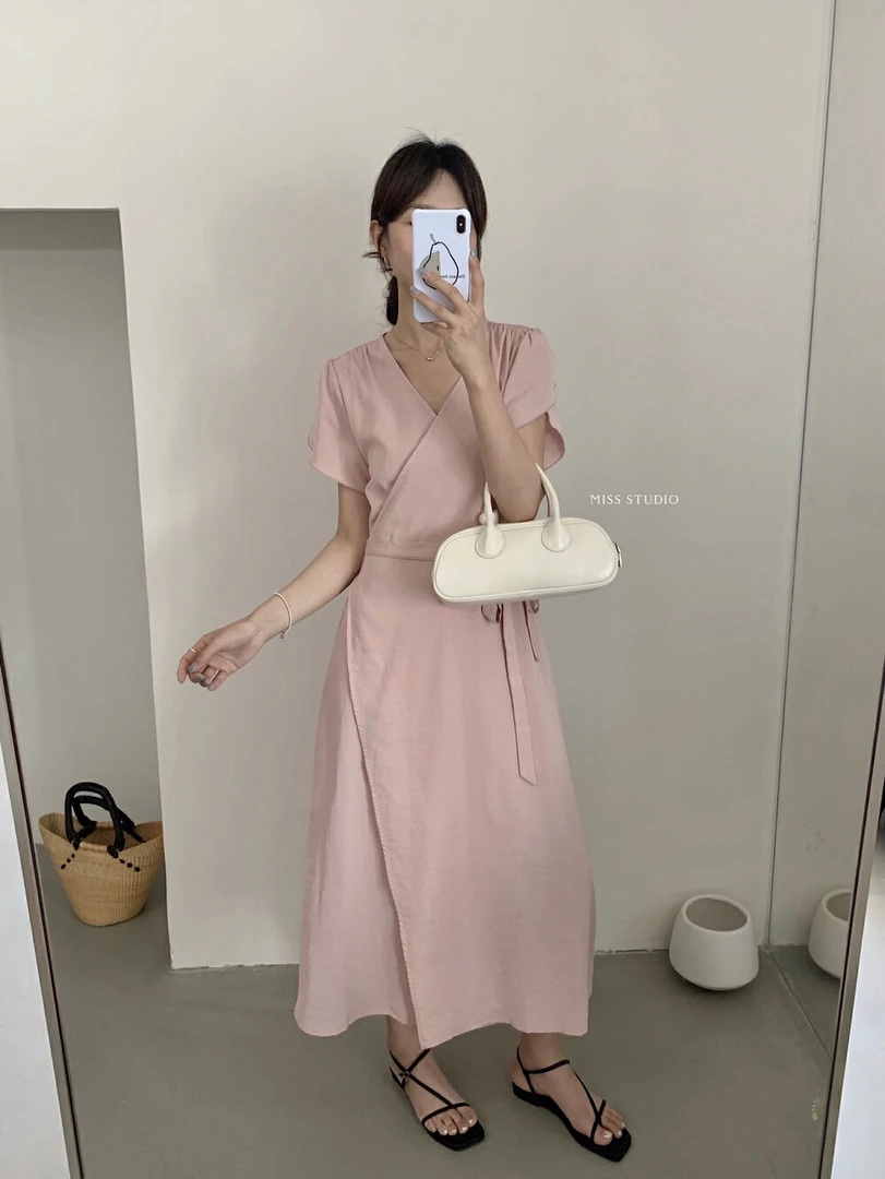 密思@612 法式气质净版一片式显瘦绑带连衣裙（裙长120左右 7-1