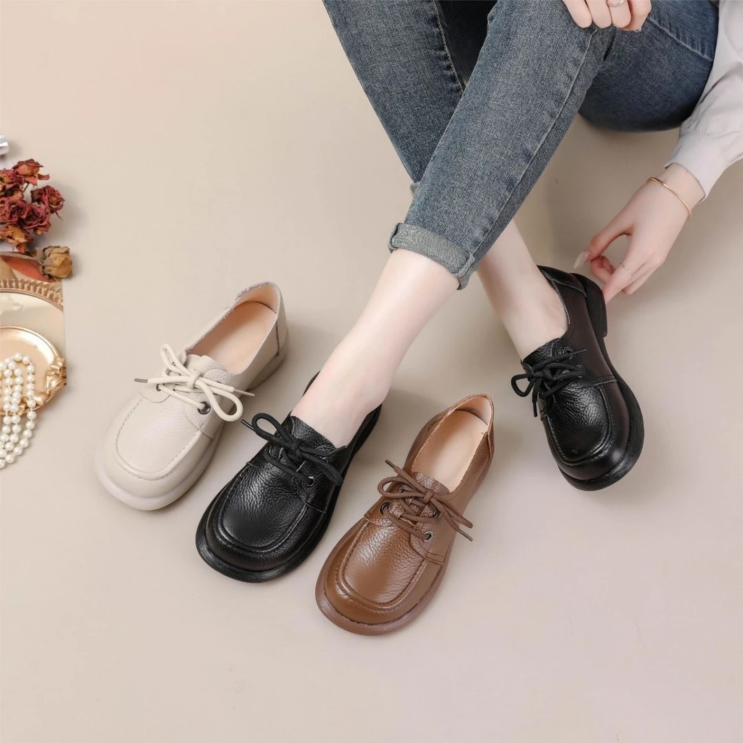 【女鞋】女厚款休闲风好穿不累脚平跟头层牛皮百搭单女鞋