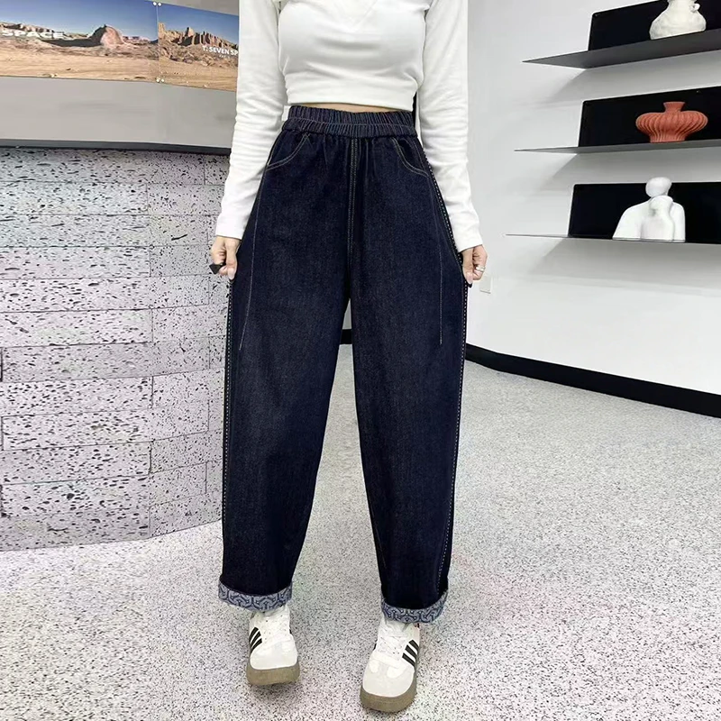 2025秋季新款文艺休闲纯色牛仔老爹裤女胖妹妹宽松显瘦弹力哈伦裤