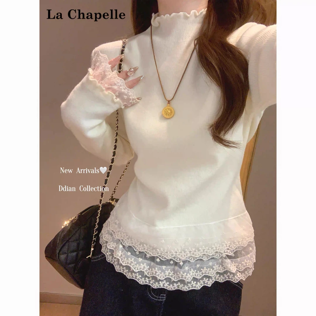 【蕾丝木耳边】秋冬新款韩系甜美风木耳边半高领蕾丝拼接针织打底