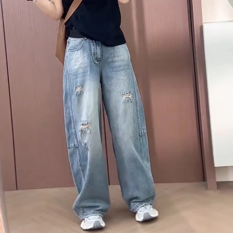 弯刀牛仔裤女破洞阔腿裤夏大码香蕉裤梨型身材高腰显瘦直筒拖地裤