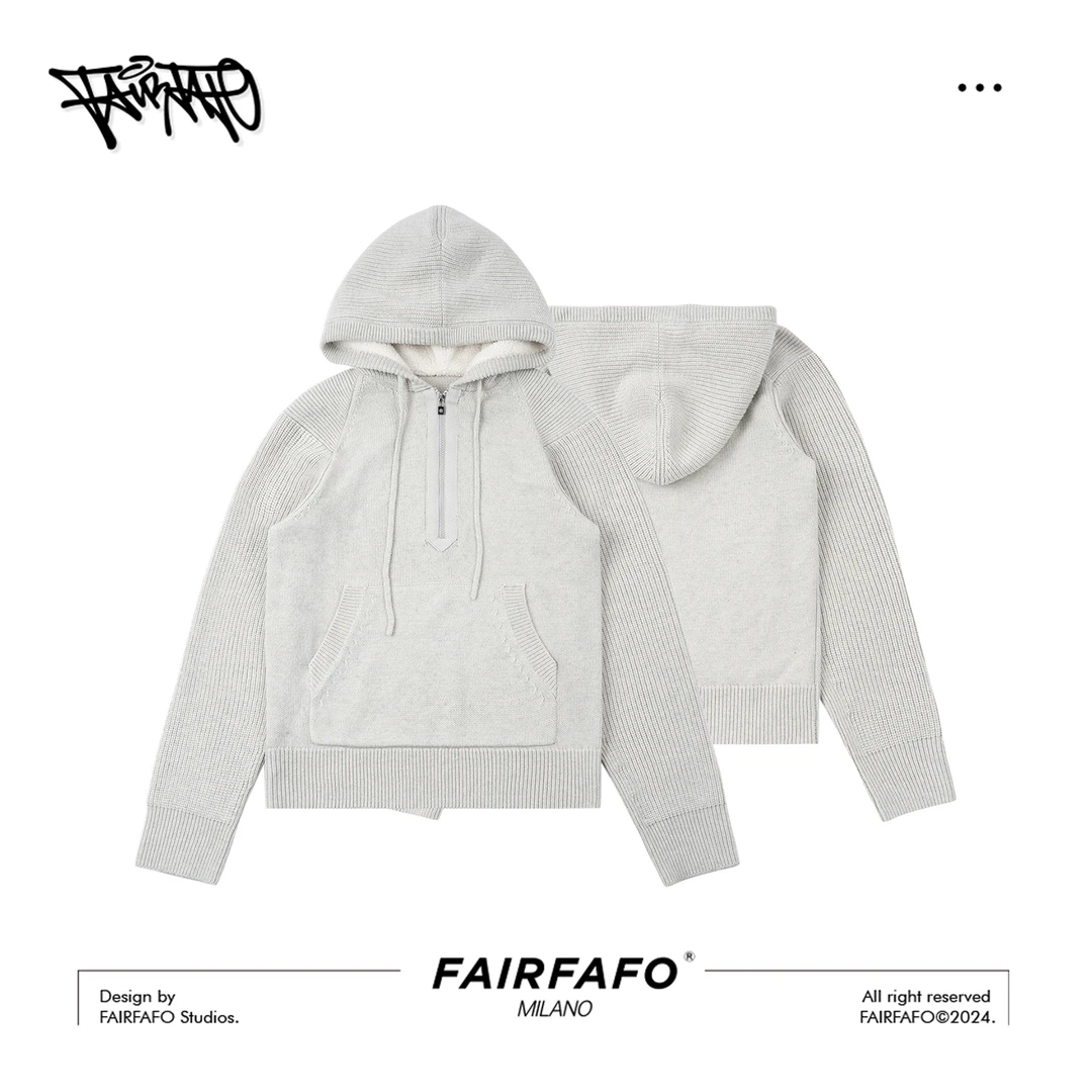 FAIRFAFO【绵羊毛半开胸帽衫】绵羊毛MYBL4A033针织长袖绵羊毛帽衫