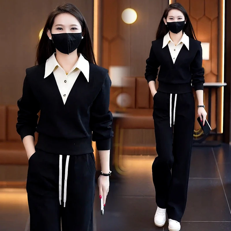 高含棉休闲时尚套装女2025春秋新款收腰显瘦拼色卫衣阔腿裤两件套