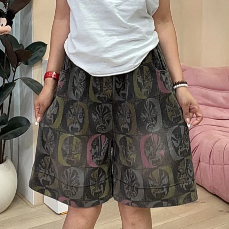 680欧货牛仔五分印花脸普短裤女