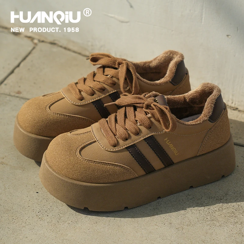 环球厚底加绒德训鞋女款2025新款加绒厚底板鞋加厚保暖棕色休闲鞋