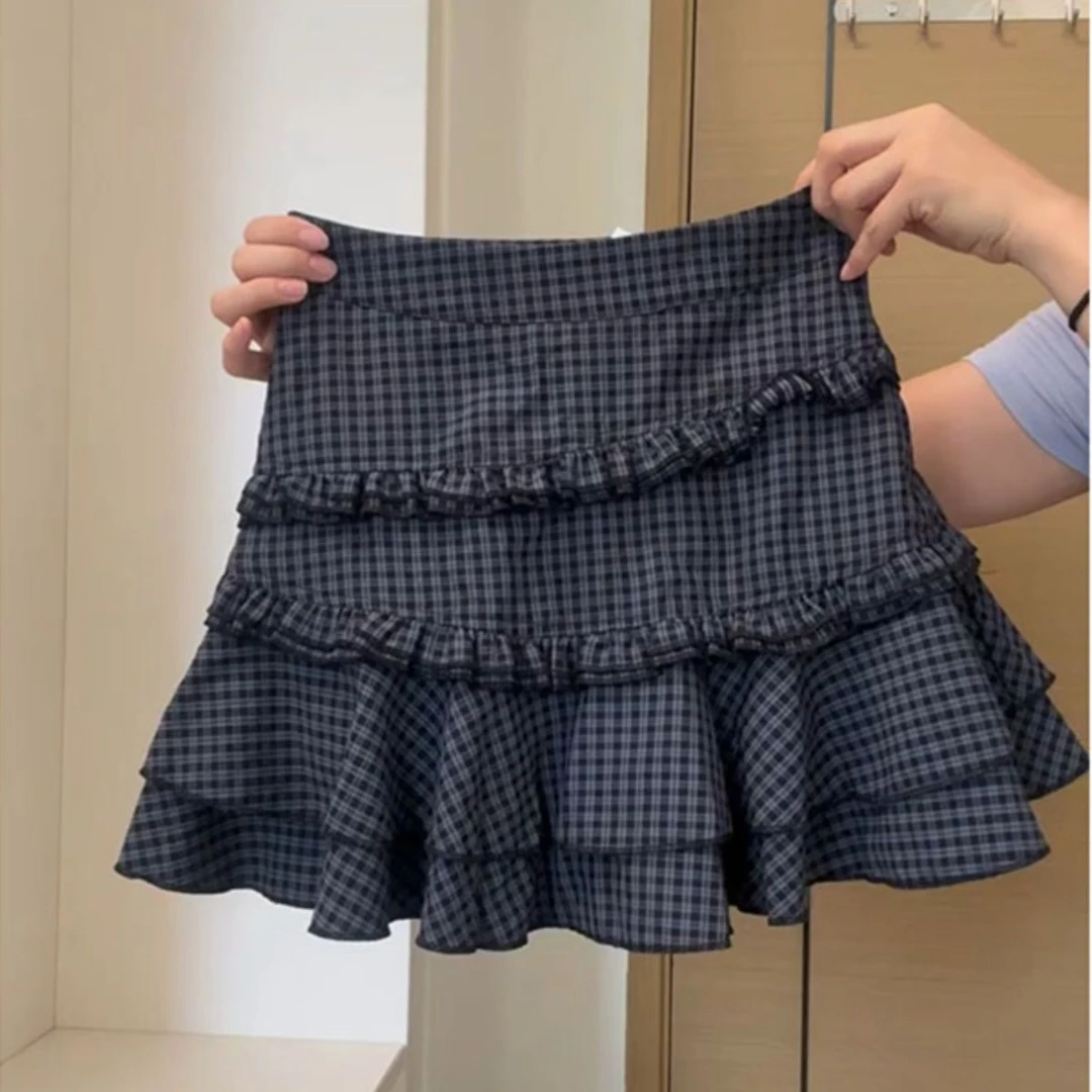 复古时髦格子a字半身裙女设计感荷叶边拼接蓬蓬短裙蛋糕裙短款春