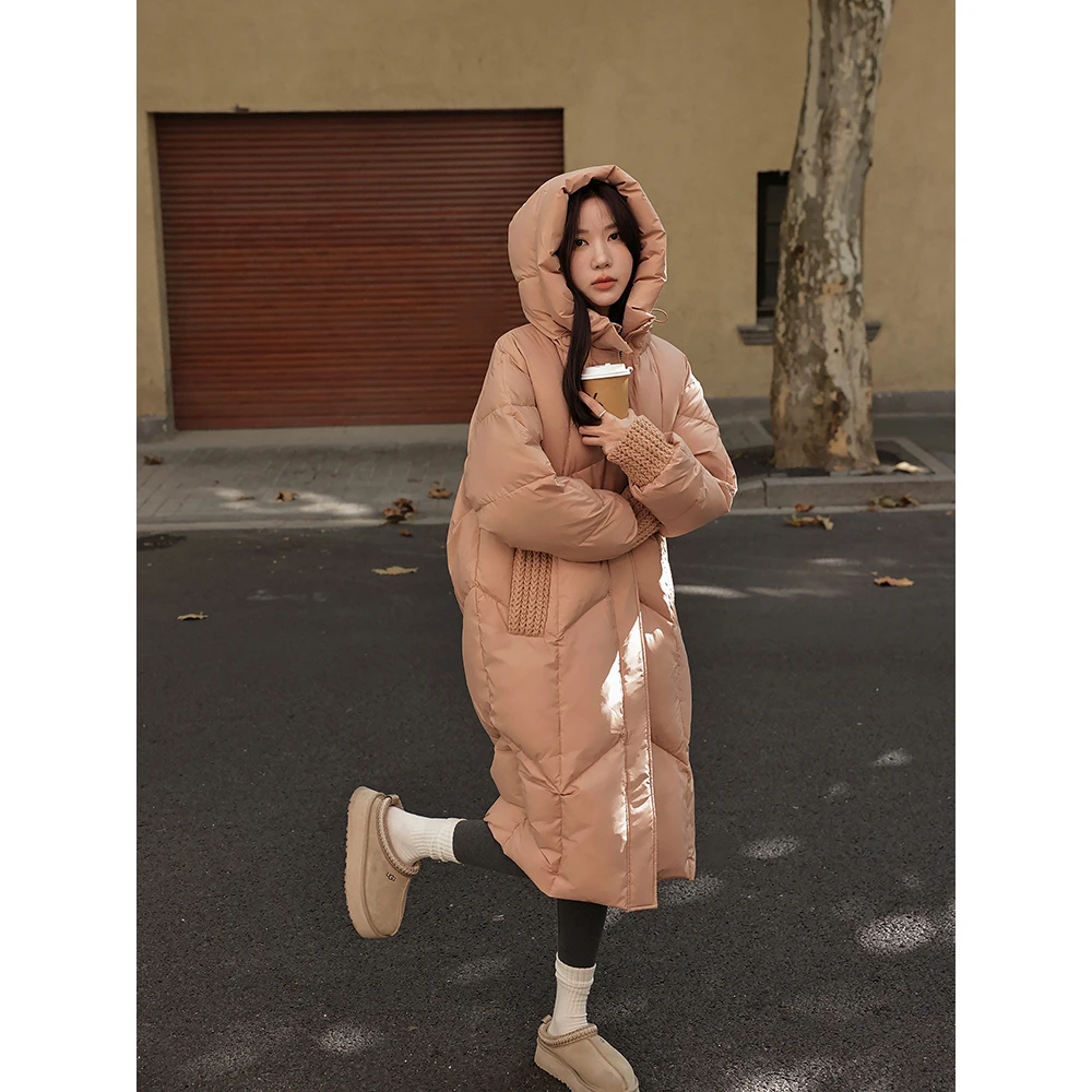 张贝贝ibell过膝百搭连帽羽绒服新款宽松抗寒加厚保暖长款外套女