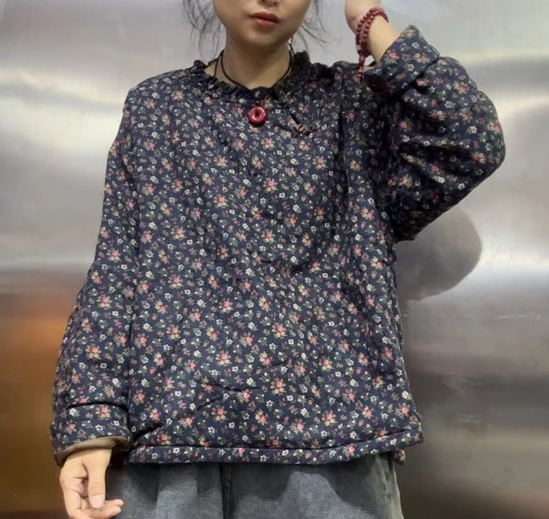 套头盘扣木耳边领加棉上衣358817
