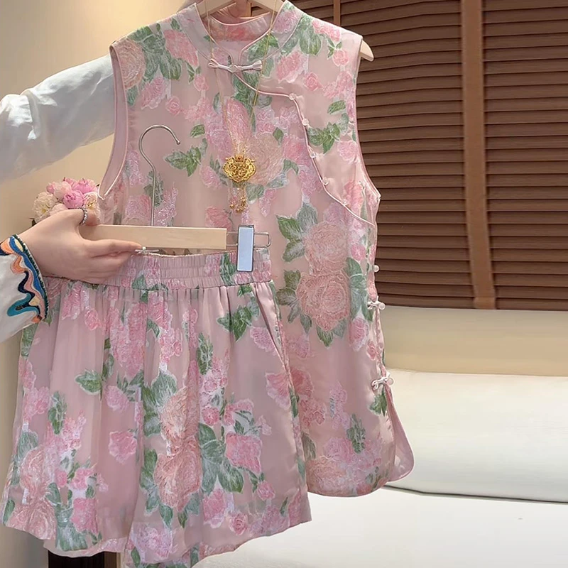 国风气质优雅新中式套装2025夏季新款提花盘扣马甲上衣短裤套装