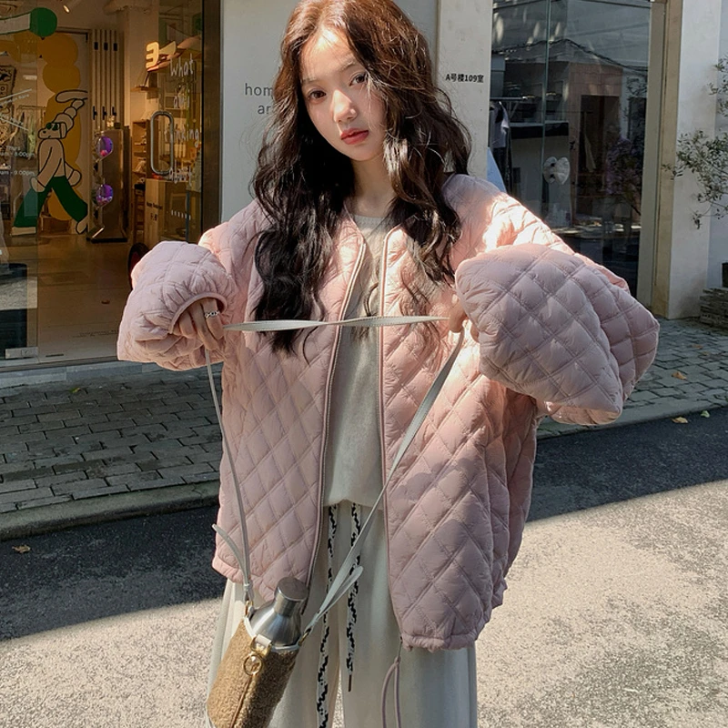 张贝贝宽松大码韩版秋冬防风雾面软糯保暖菱格拉链衣女外套加厚