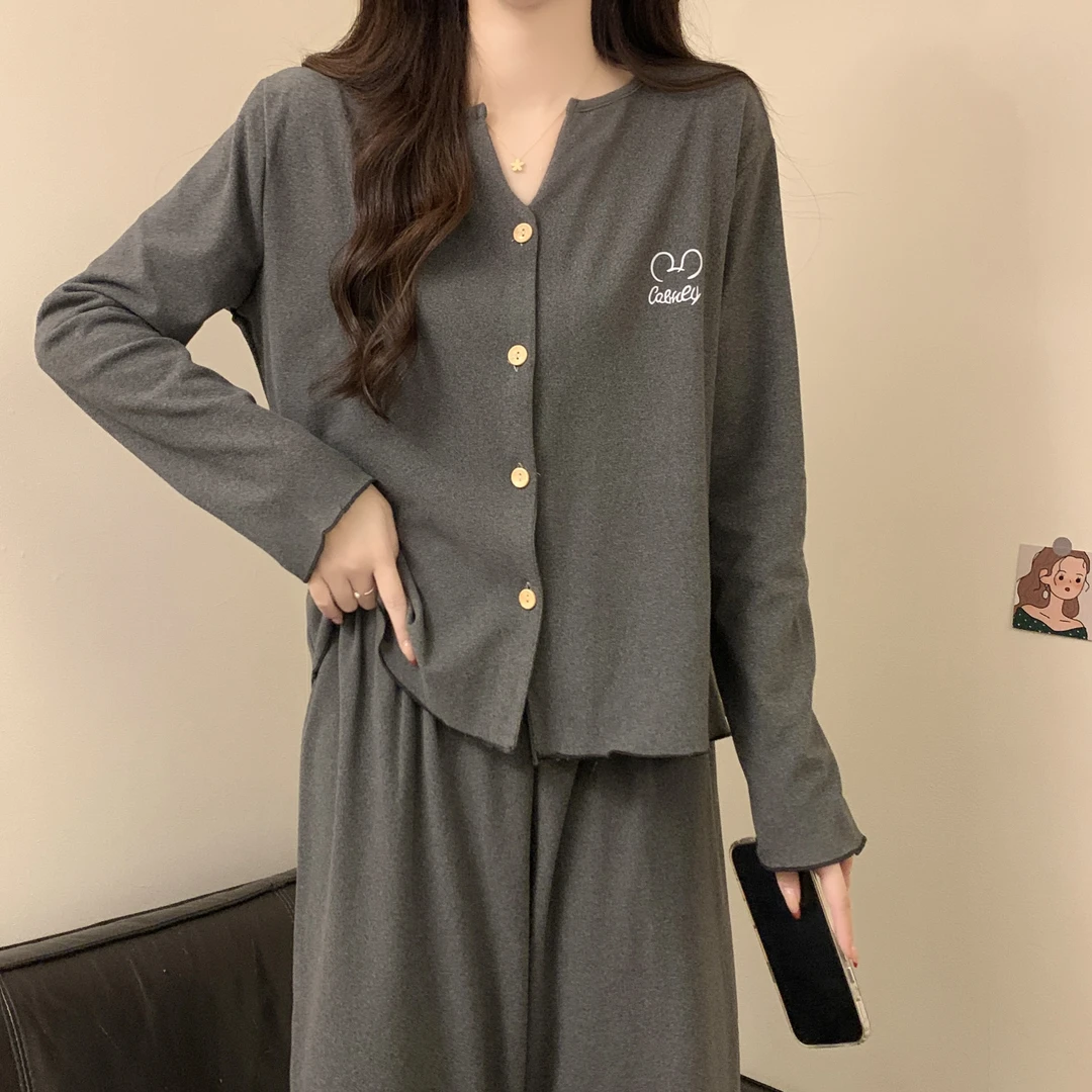 冬季睡衣女款春秋冬季女士双面德绒韩版鼠耳长袖深灰色开衫两件套