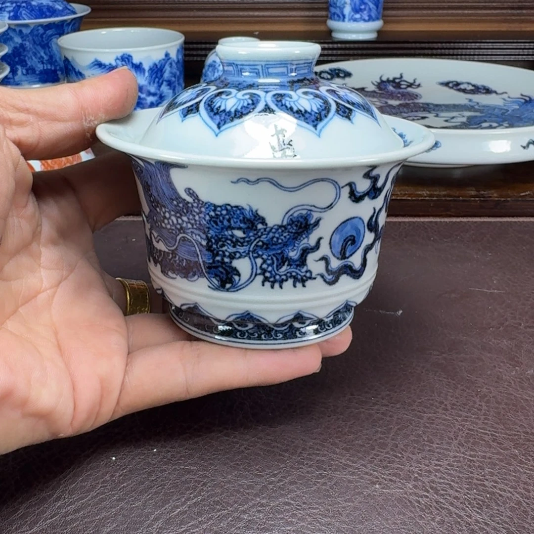 蓝***玉瓷片当代景德镇陶瓷手绘茶具