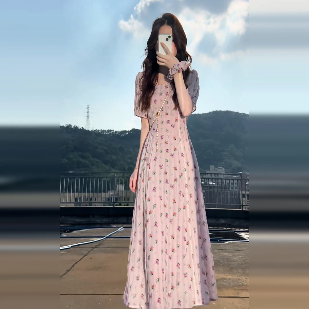 【现货+运贴5米】紫色碎花短袖高级感连衣裙子女夏日不撞款长裙5320