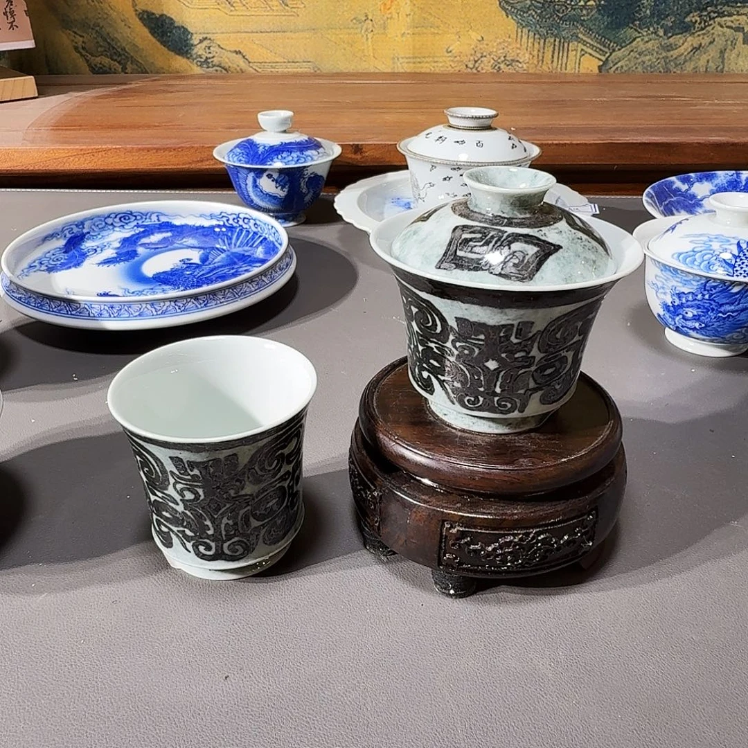 泥塑盖碗加杯子手工手绘微微瑕