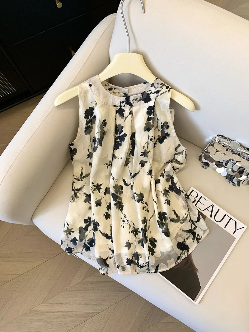 中式无袖挂脖衬衫吊带夏季国风水墨独特小衫禅意气质遮肚上衣女装